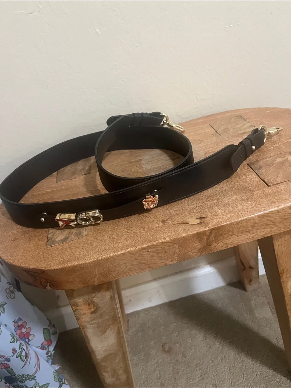 Adjustable Black Leather Bag Strap with Gold-Tone Accents